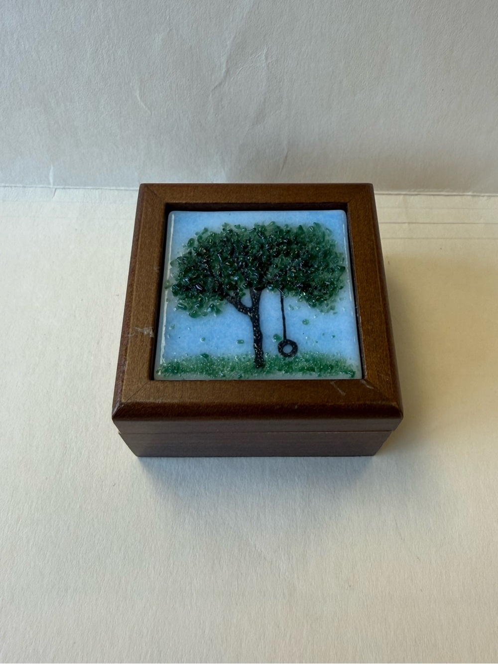 Handmade Tree Jewelry Trinket Box with Fused Glass Mosaic Inlay Artist Signed.